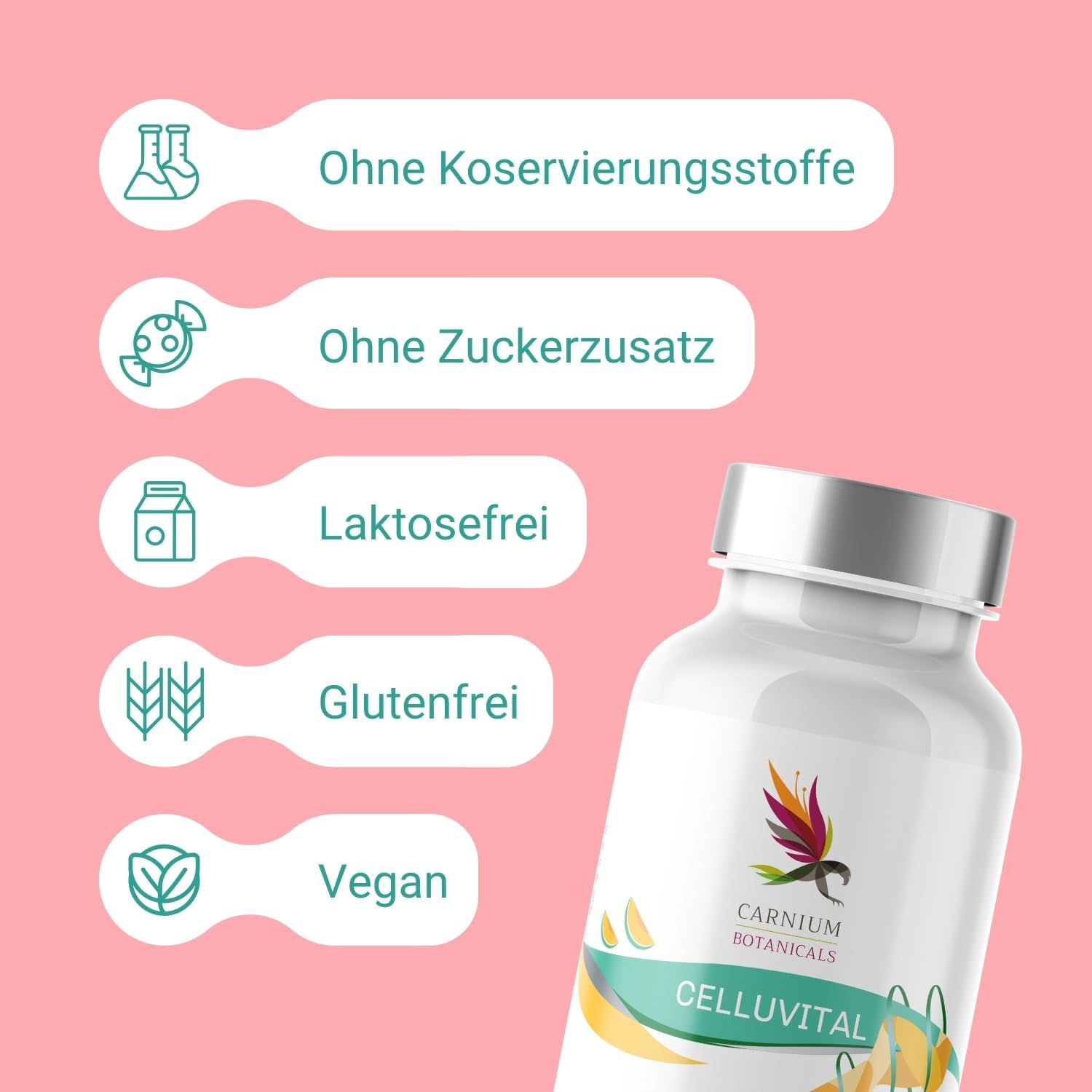 Flacone CELLUVITAL accanto a simboli: Senza conservanti, senza zuccheri aggiunti, senza lattosio, senza glutine, vegano.