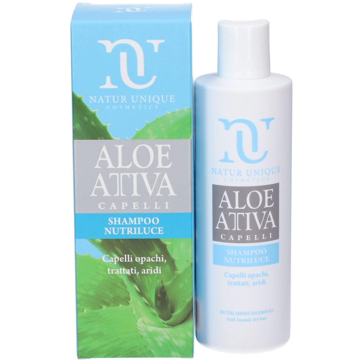 Confezione del prodotto con flacone e scatola. Scritta: Natur Unique, Aloe Attiva, Capelli, Shampoo Nutriluce. Per capelli secchi.