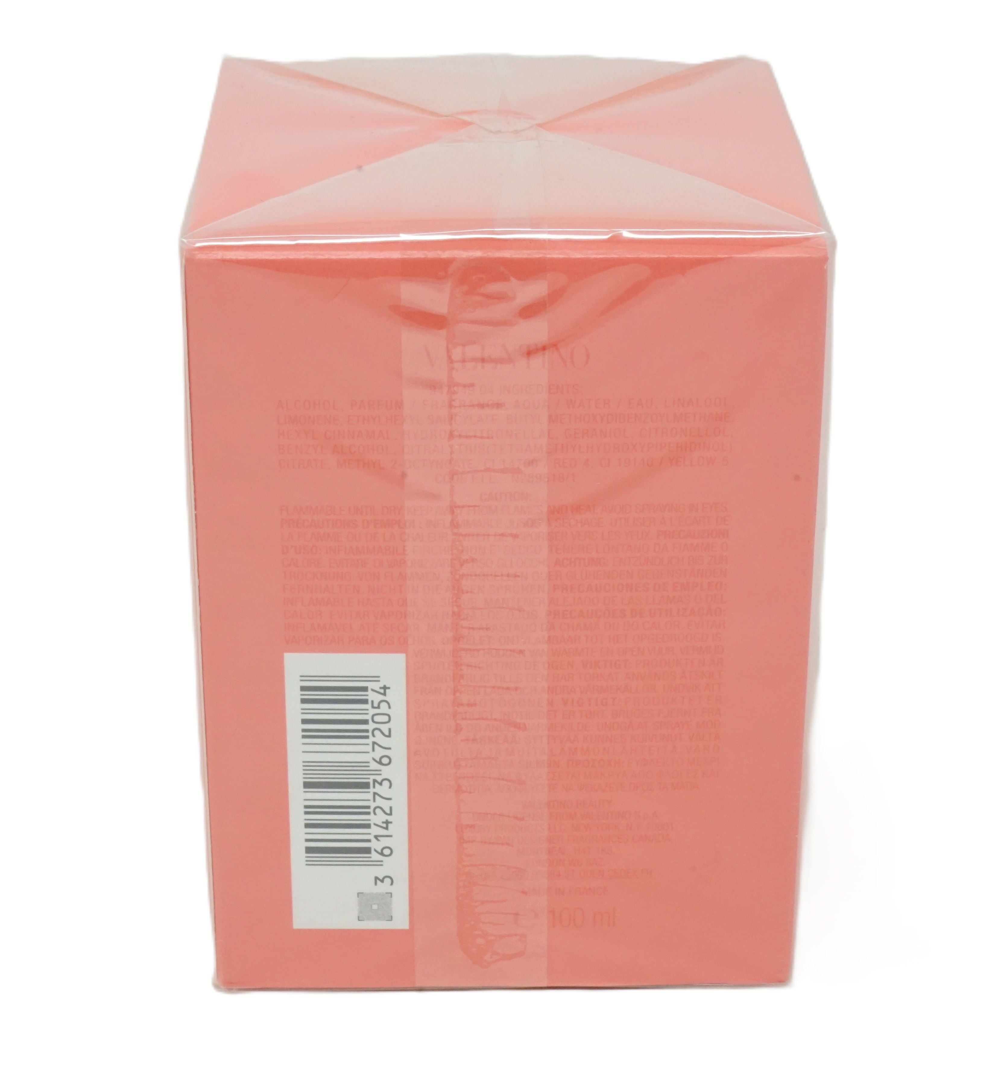 Retro della scatola corallo. Codice a barre e testo. 100 ml.