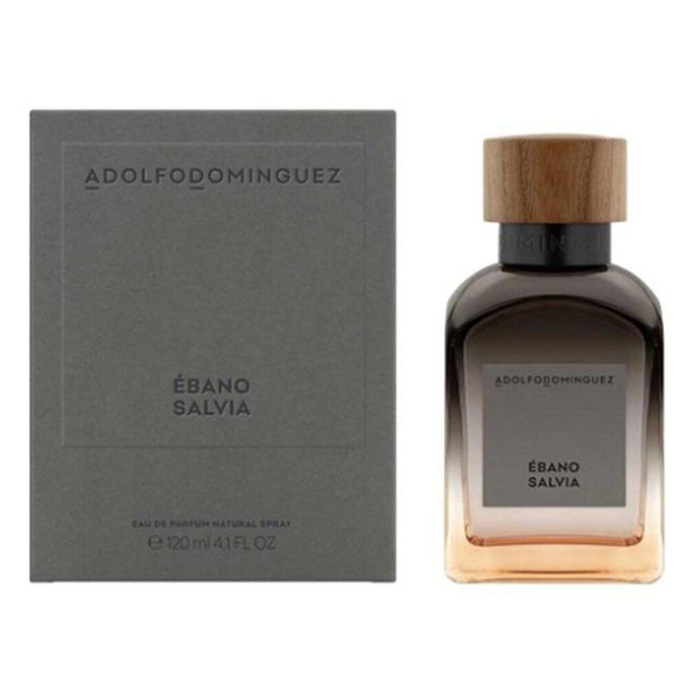 Flacone di profumo e scatola. Scritta: Ébano Salvia, Adolfo Dominguez. Flacone con tappo in legno. Scatola grigia.