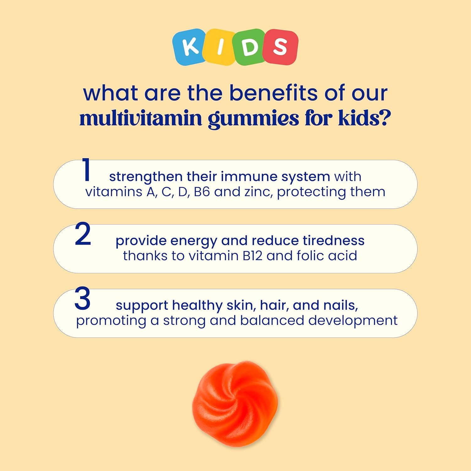 Benefici delle caramelle gommose multivitaminiche per bambini. Rafforzamento del sistema immunitario, energia, pelle, capelli e unghie sani.