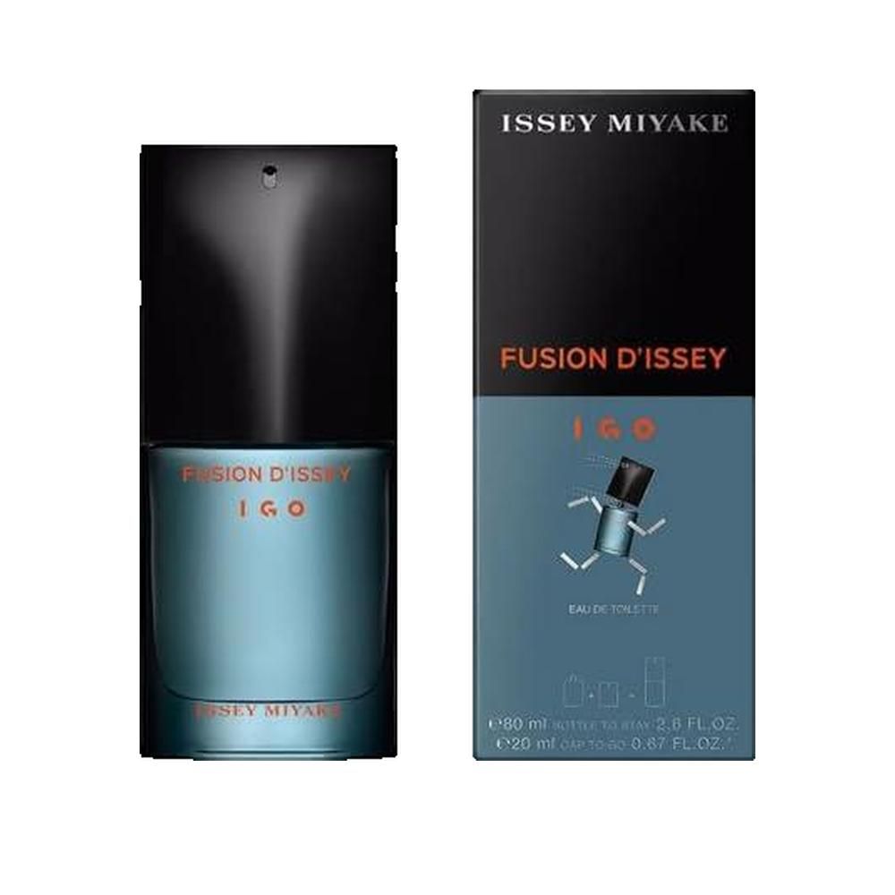 Flacone e confezione di Fusion d'Issey IGO. Flacone blu, tappo nero. Confezione nera e blu con logo e testo.