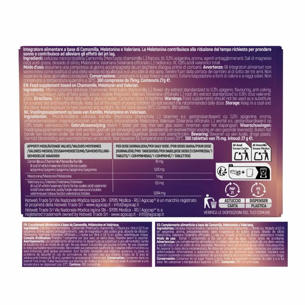 Retro della confezione Melatonin Strong. Ingredienti, istruzioni, informazioni nutrizionali, avvertenze.