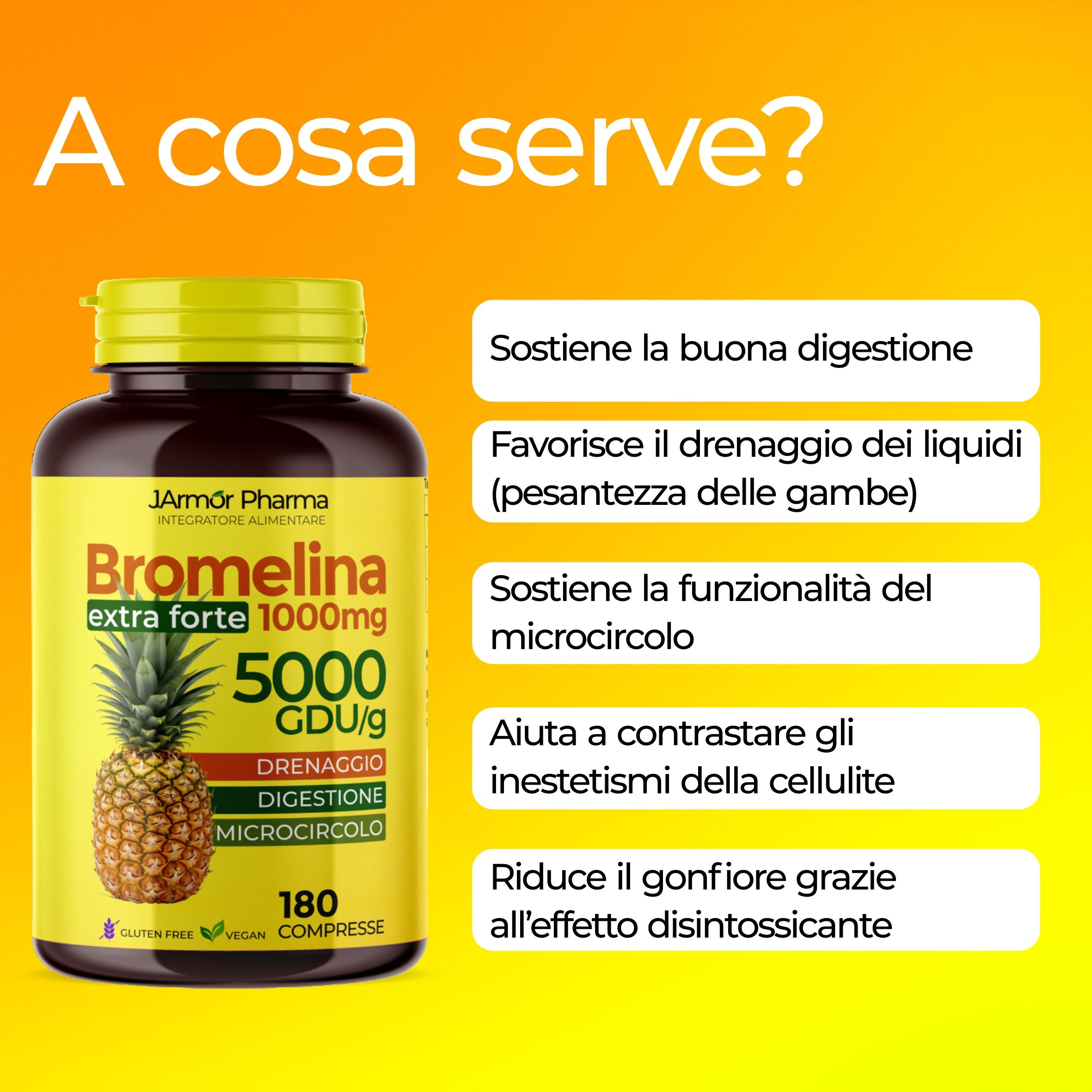 Flacone con immagine di ananas. Accanto, elenco dei benefici: digestione, drenaggio liquidi, microcircolo, cellulite.