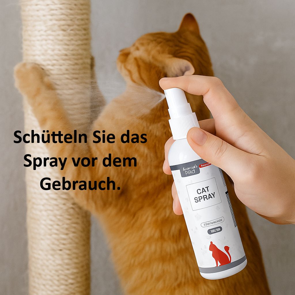 Flacone spray bianco con scritta "CAT SPRAY". Sagoma di gatto rosso. Mano che spruzza su un tiragraffi.