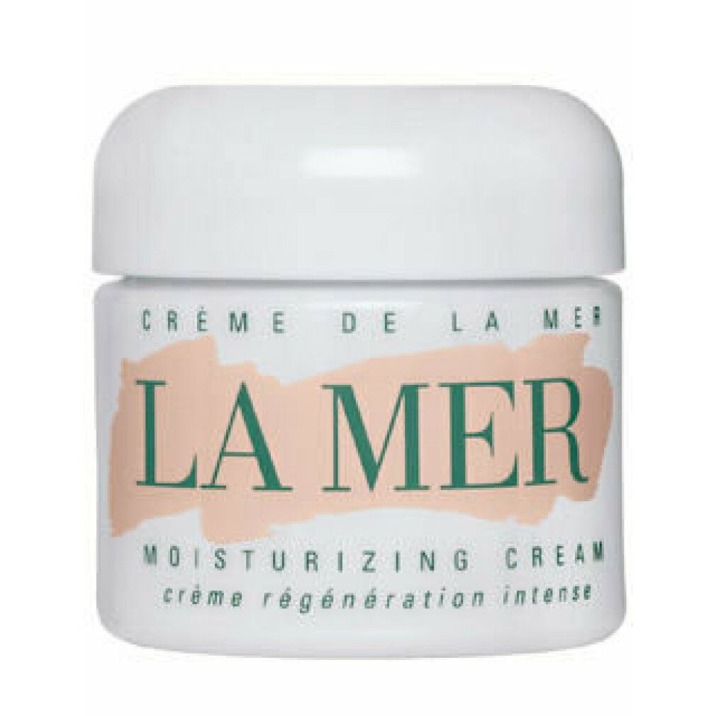 Vasetto di crema bianco con coperchio. Scritta: Crème de la Mer, LA MER, moisturizing cream, crème régénération intense.