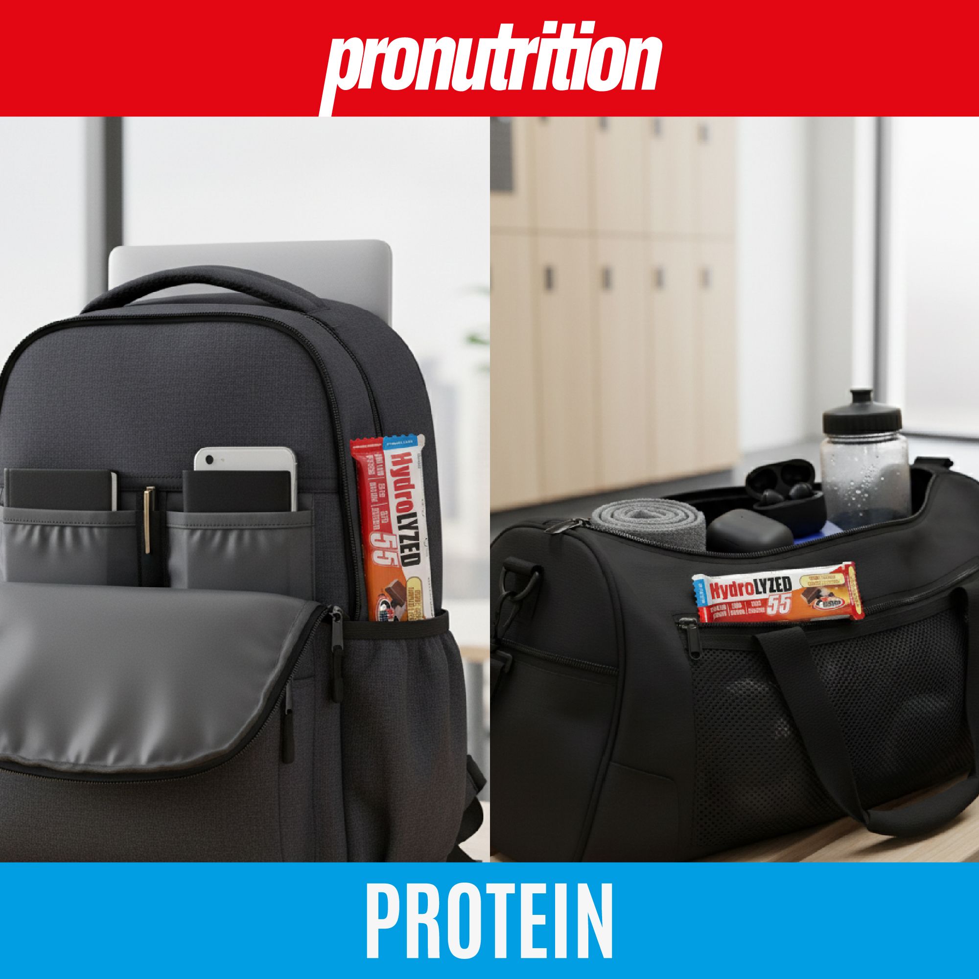 Due borse con barrette proteiche. Scritta: HydroLYZED 55. Una borsa con laptop e telefono, l'altra con attrezzatura sportiva.