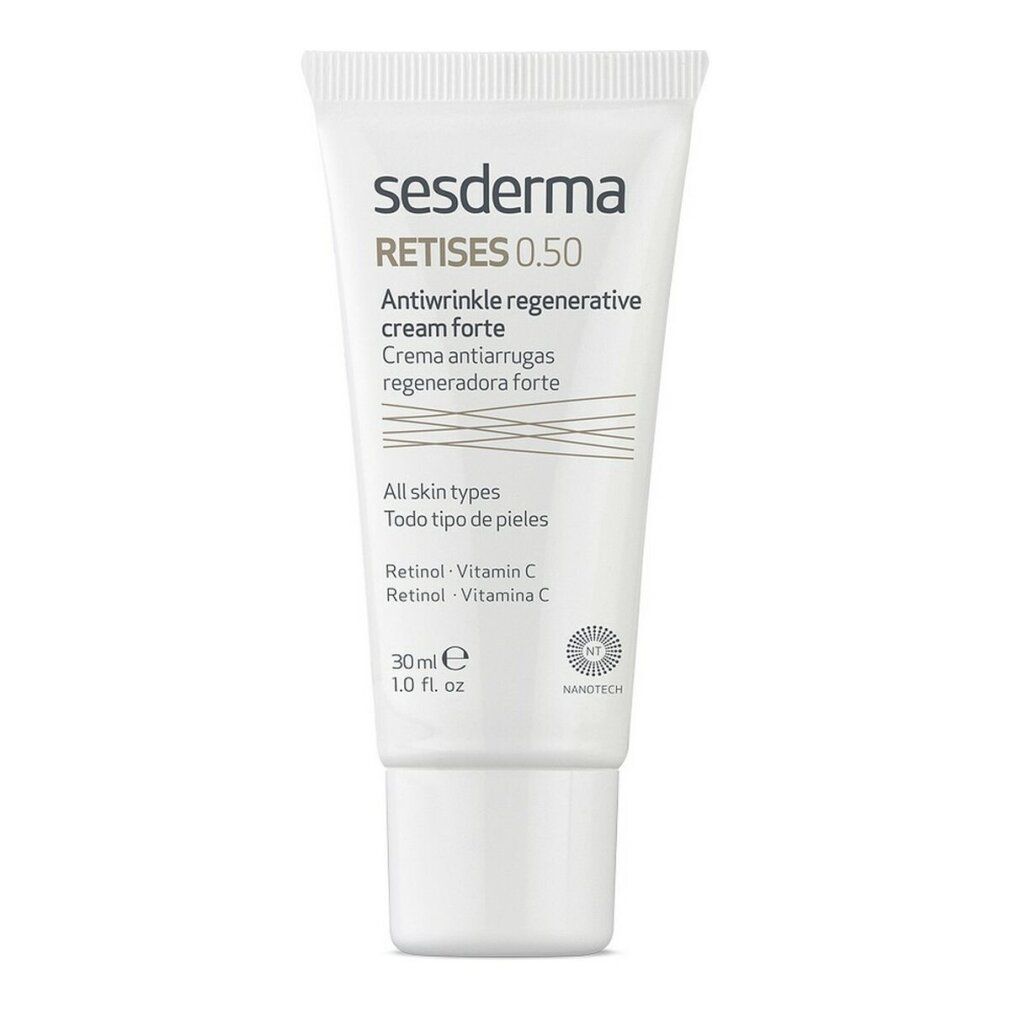 Sesderma Retises 0.50 Crema. Tubo con tappo a vite. Informazioni sul prodotto e logo. Tubo bianco.