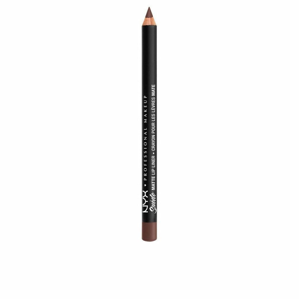 Matita labbra marrone. Matita nera con testo bianco. Scritta: NYX PROFESSIONAL MAKEUP MATTE LIP LINER.