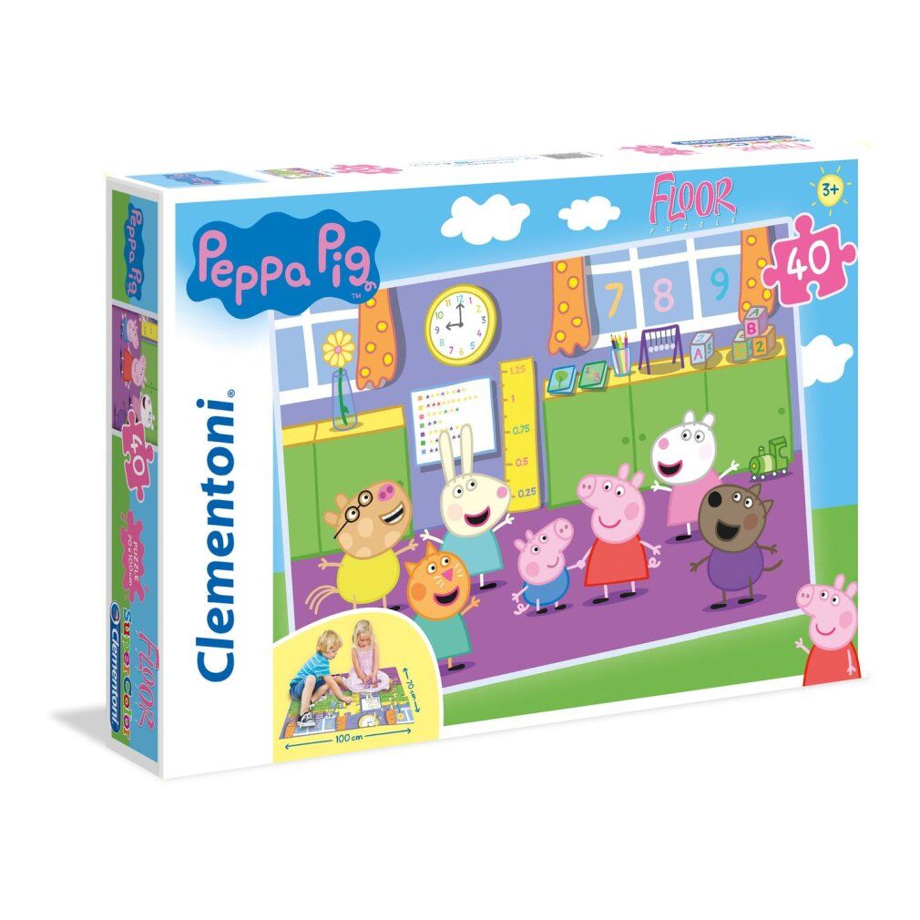 Scatola di cartone del puzzle Peppa Pig. Scritto: Peppa Pig, 40 pezzi, 3+. Logo Clementoni. Illustrazione: Puzzle con personaggi Peppa Pig in un'aula.