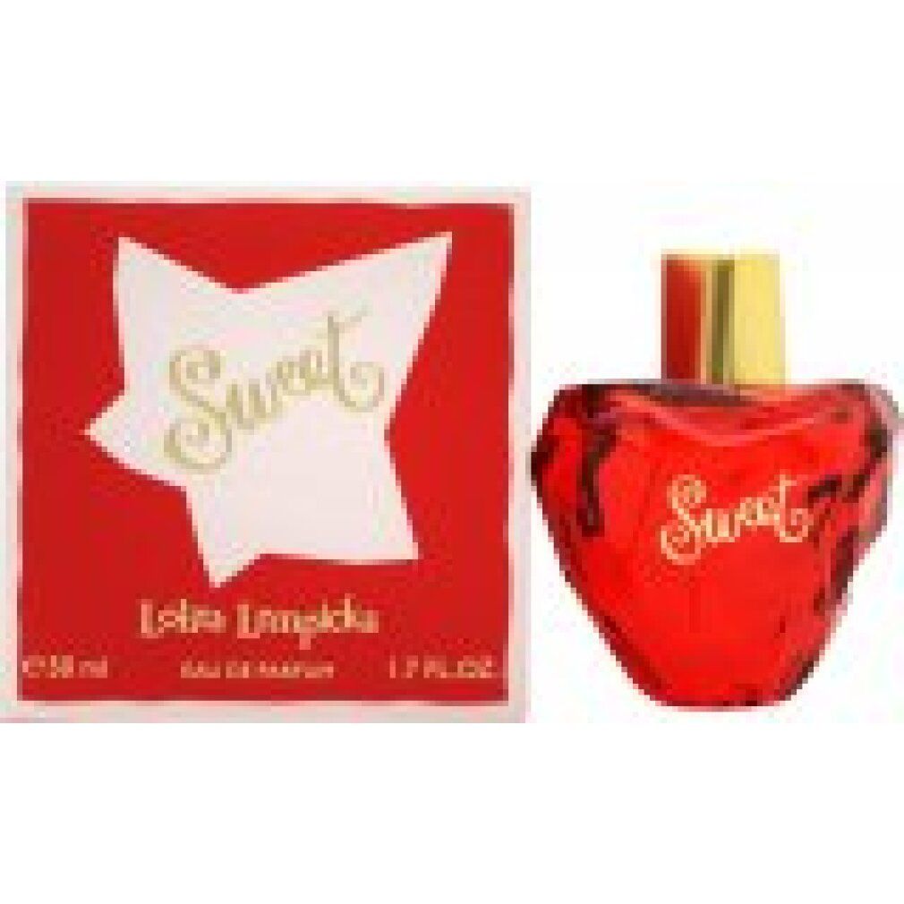 Flacone rosso a forma di cuore con tappo dorato. Scatola rossa con illustrazione a stella e scritta Sweet.