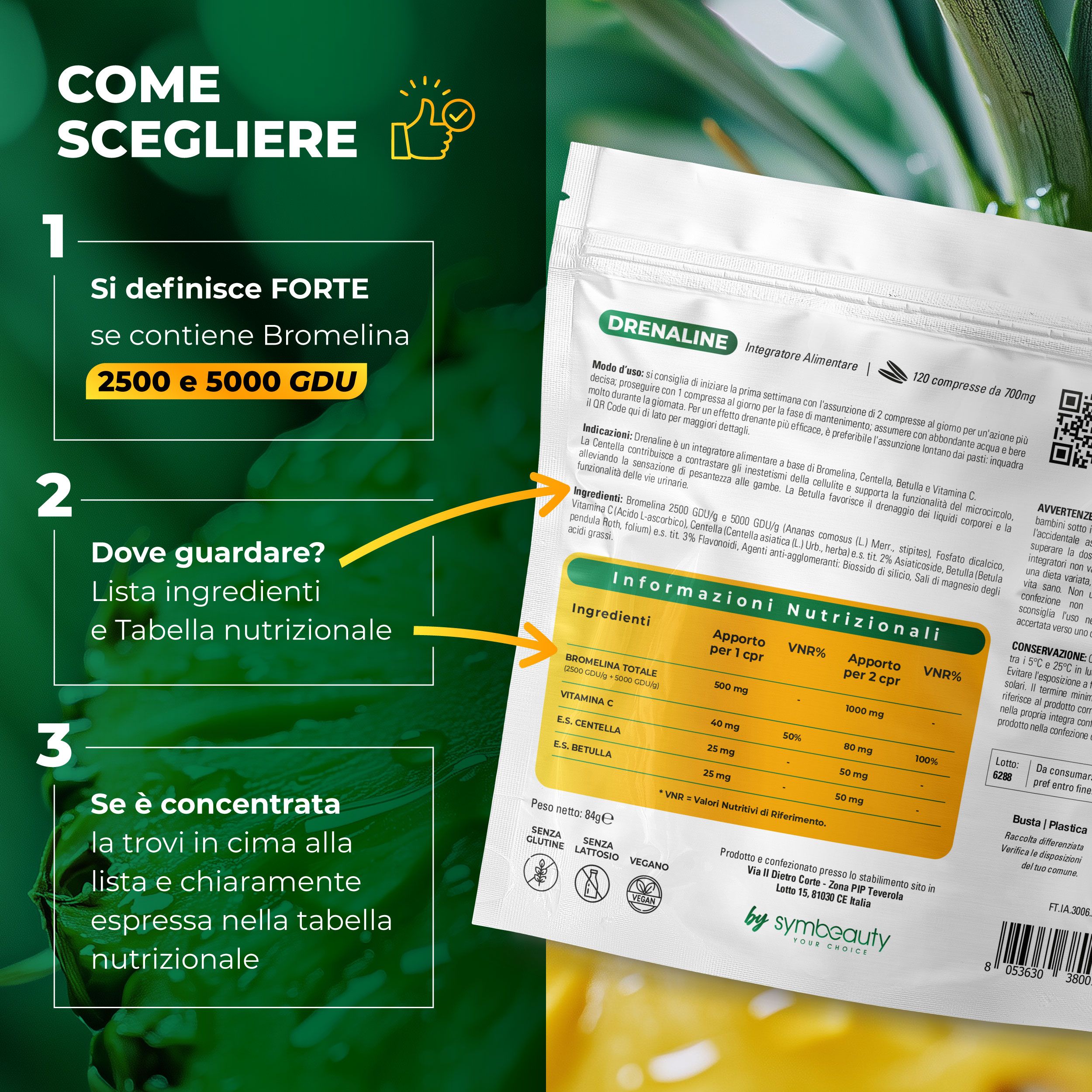 SYMBEAUTY® Bromelina Forte Drenante 2500+5000 GDU GDU con Centella, Betulla e Vitamina C