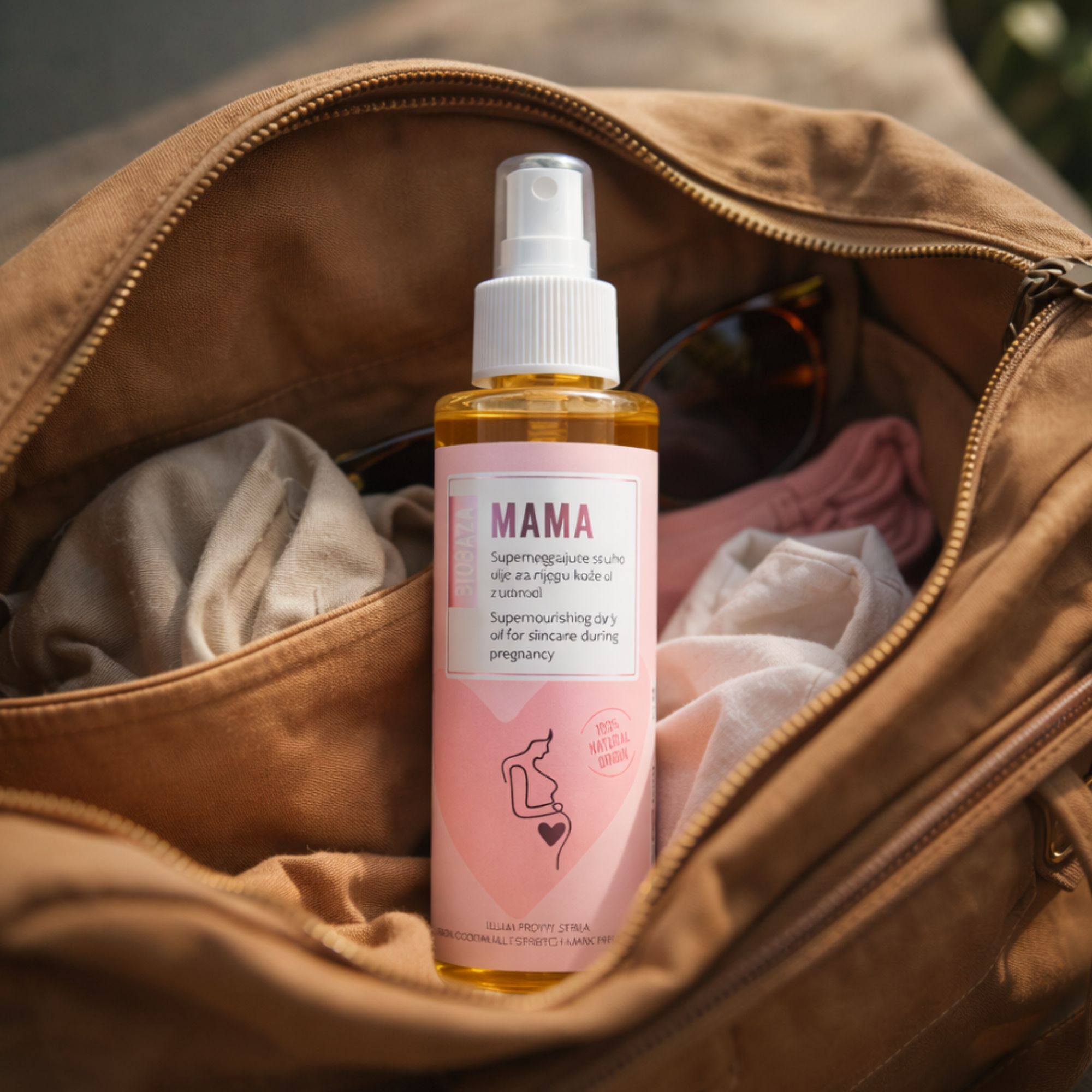 Flacone d'olio con vaporizzatore in una borsa marrone. Etichetta rosa con testo. Occhiali da sole e vestiti sullo sfondo.