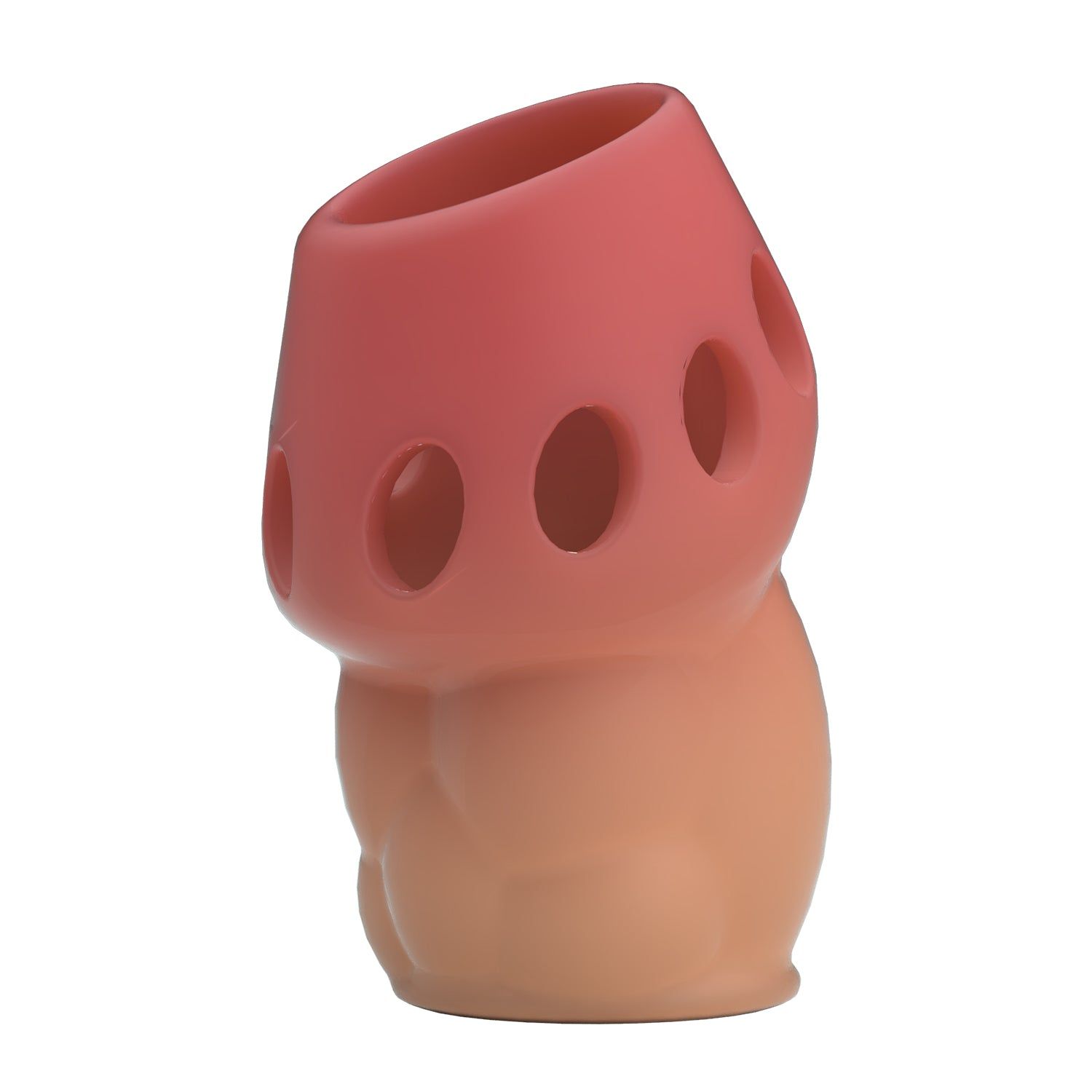 Prodotto cilindrico bicolore con fori. Metà superiore rosa, metà inferiore beige. Vista obliqua.