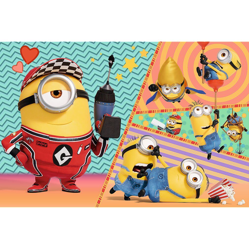 Puzzle con Minions. Personaggi gialli in tuta da corsa e jeans. Sfondo con cuori, stelle e cerchi.