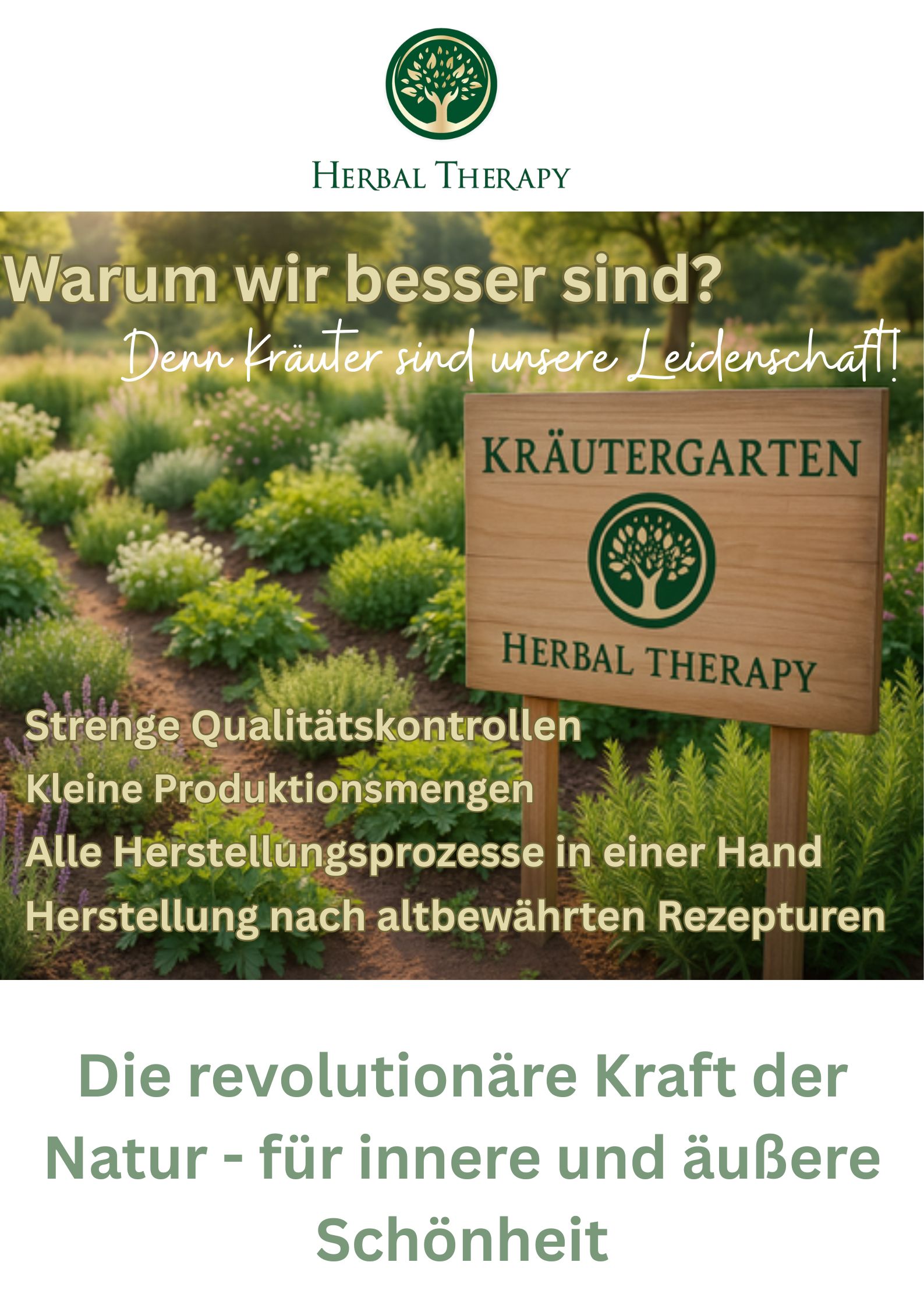 Poster pubblicitario con giardino di erbe. Herbal Therapy. Giardino di erbe. Controlli di qualità rigorosi. Sfondo bianco.