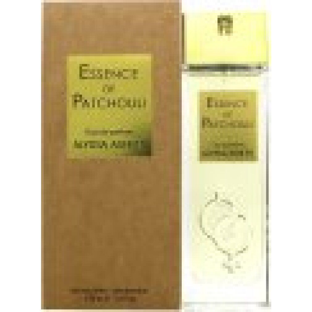Flacone e confezione. Scritta: Essence de Patchouli, Eau de parfum, Alyssa Ashley. Flacone con vaporizzatore. Confezione marrone.
