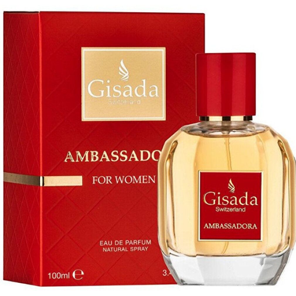 Flacone di profumo e confezione rossa. Scritta: Gisada Ambassadora, Eau de Parfum. Per donne.