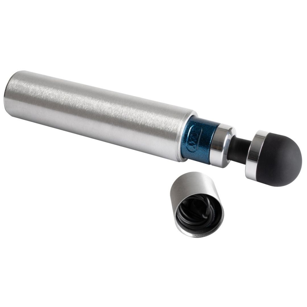 Vibratore in custodia metallica. Testa nera. Custodia e testa separate.