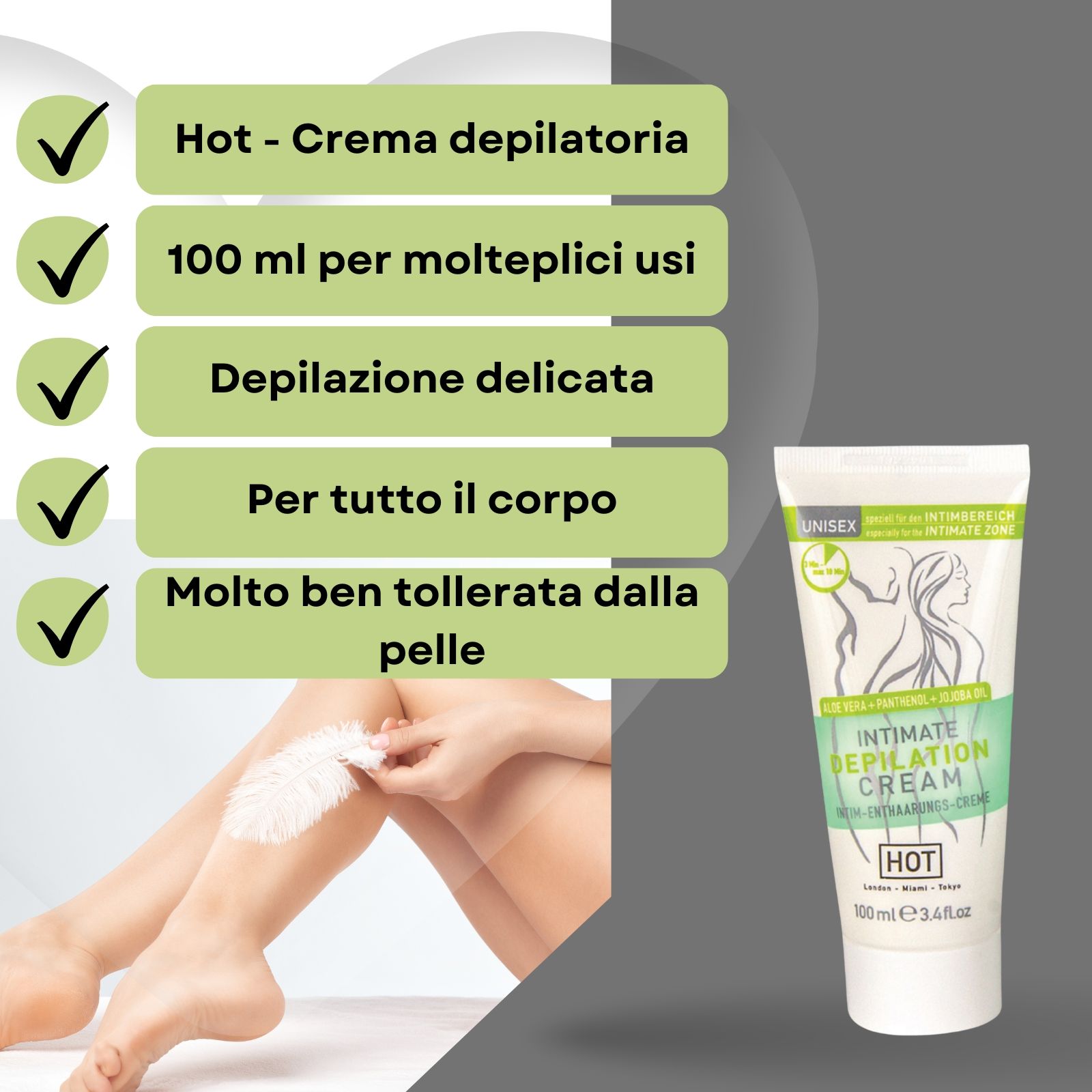 Tubo di crema. Scritta: INTIMATE DEPILATION CREAM. Marca: HOT. 100 ml. Applicato sulla pelle. Testo: Crema depilatoria.