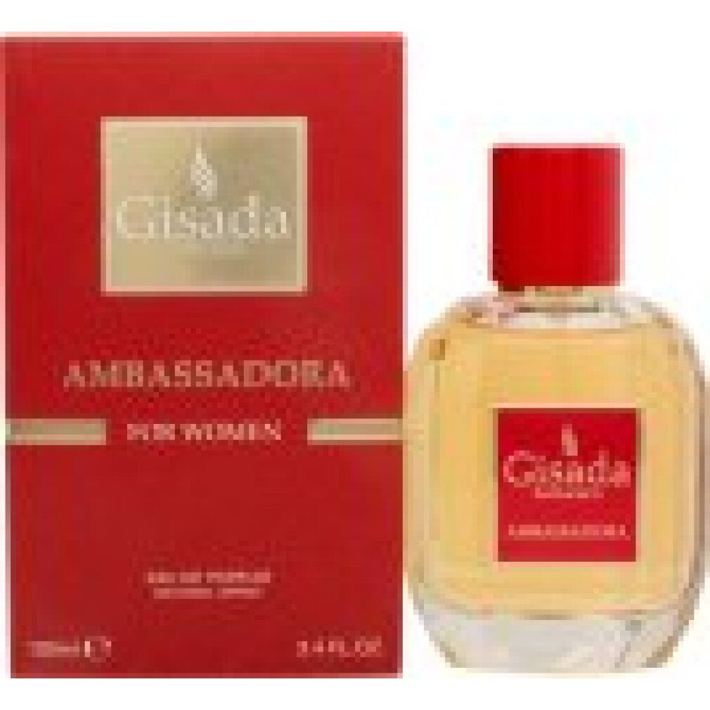 Scatola rossa e flacone. Flacone con tappo rosso ed etichetta "Gisada Ambassadora". Scatola con testo dorato.