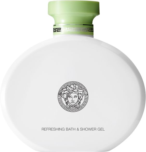 Flacone ovale bianco con logo Medusa e tappo verde. Bagnoschiuma rinfrescante.