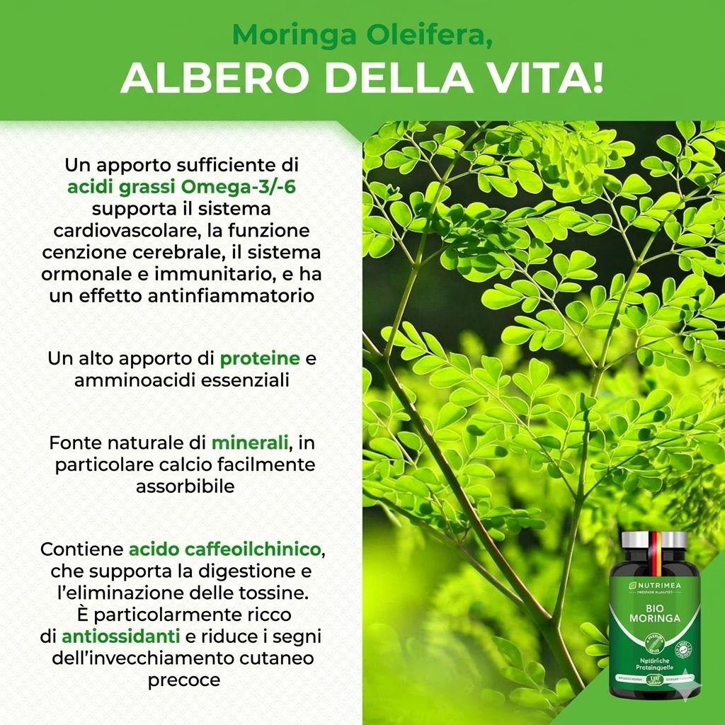 Fogliame verde. Una bottiglia di capsule Nutrimea Bio Moringa. Testo: Moringa Oleifera, Albero della vita!