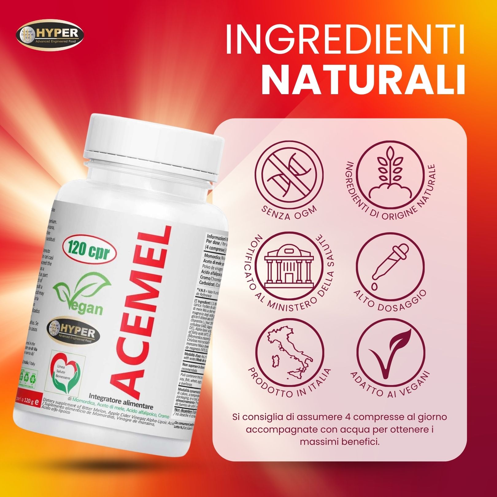 Flacone bianco con compresse. Etichetta con informazioni sul prodotto, ingredienti e logo HYPER. Testo: 120 cpr, Acemel. Sigillo Vegan.
