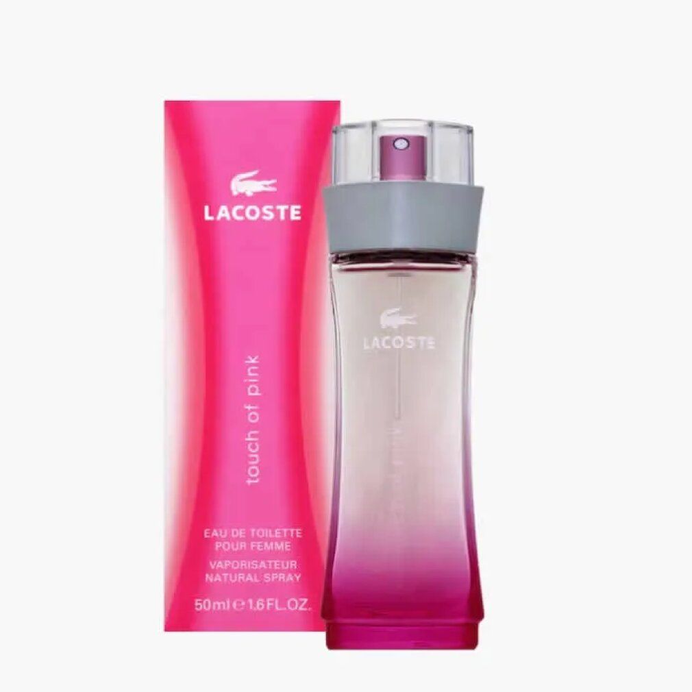 Flacone e confezione Lacoste Touch of Pink. Confezione rosa accanto al flacone. Logo e testo. Testo: Eau de Toilette, 50ml.