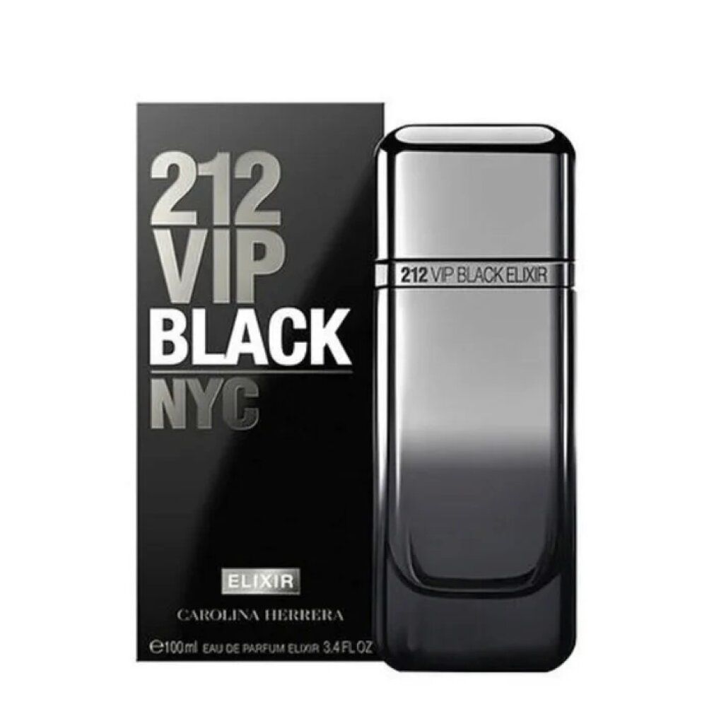Flacone nero e confezione. Scritta: 212 VIP BLACK NYC. Elixir. Carolina Herrera.