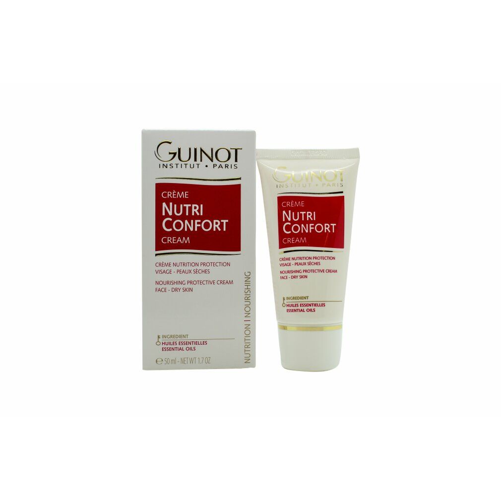 Confezione prodotto con tubo e scatola. Scritta: Crème Nutri Confort, Guinot. Per pelli secche. Con oli essenziali.