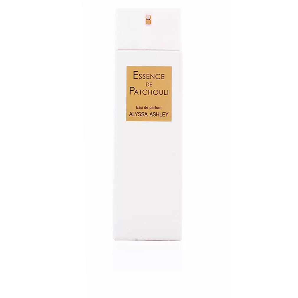 Flacone bianco con vaporizzatore dorato. Scritta: Essence de Patchouli, Eau de parfum, Alyssa Ashley. Forma rettangolare.