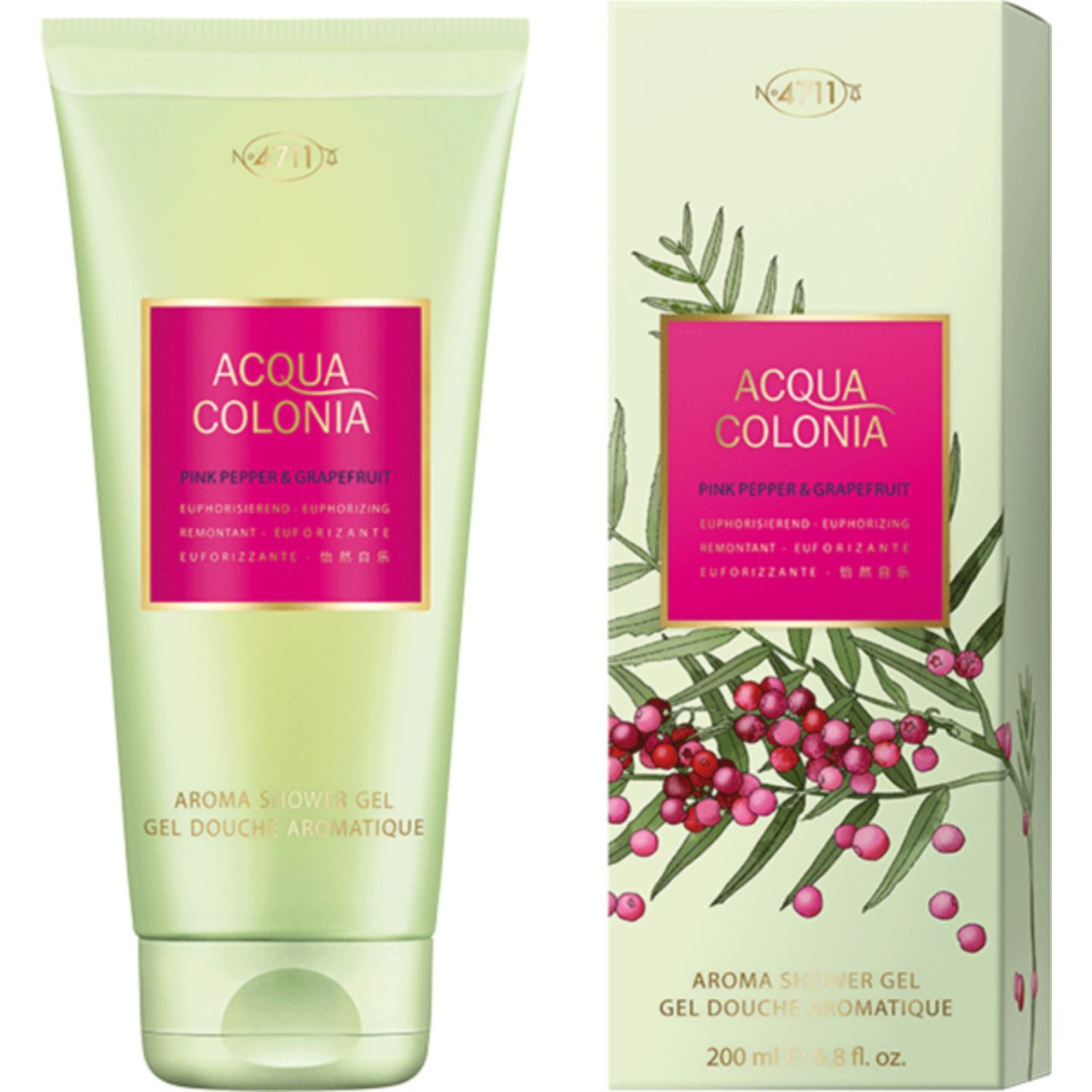 Tubo e confezione verdi con etichetta rosa. Testo: Acqua Colonia, Pink Pepper & Grapefruit, Aroma Shower Gel.