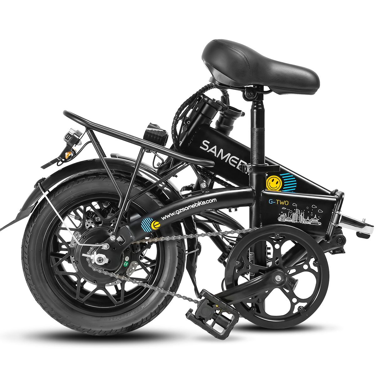 Bicicletta elettrica pieghevole SAMEBIKE YINYU14 nera. Sella, portapacchi, parafango, pedali, catena, motore e cerchi visibili.