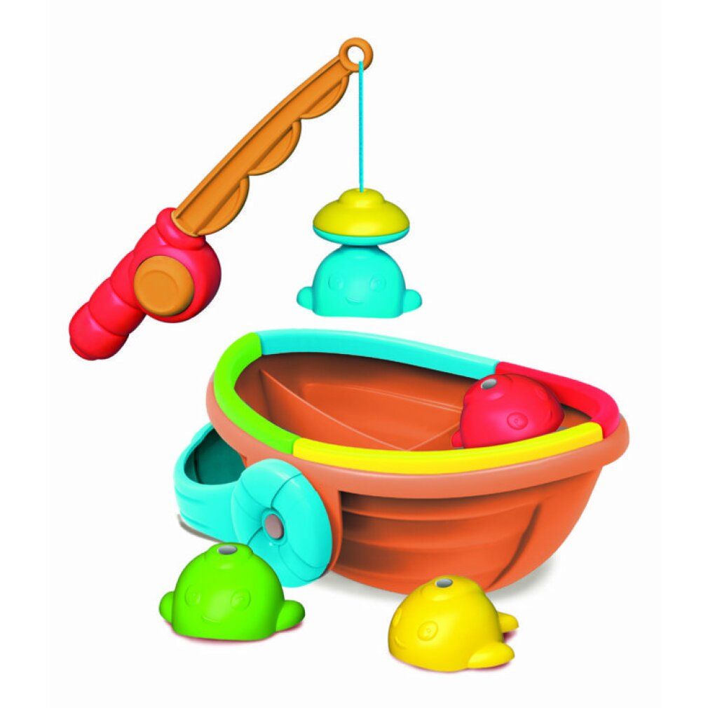 Set gioco pesca con barca, canna e pesci. Colori: arancione, blu, verde, giallo. Include 3 pesci e 1 canna.