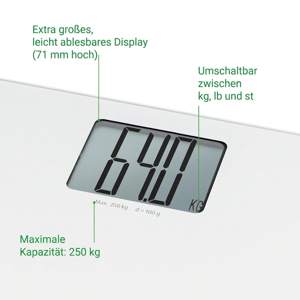 Primo piano del display di una bilancia personale bianca che mostra 64,0 kg. Capacità massima 250 kg.