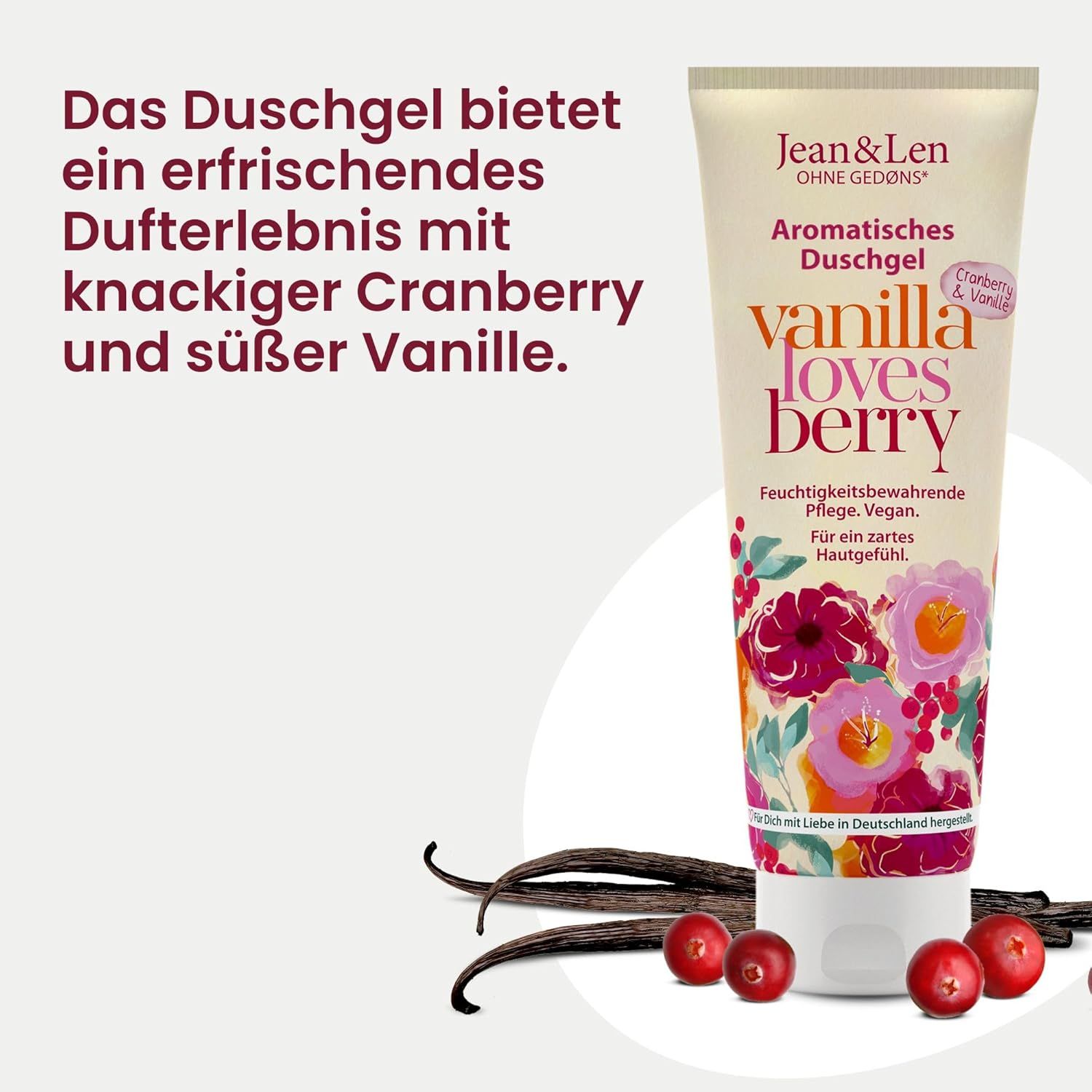 Tubo di gel doccia, testo: Gel doccia aromatico, Vanilla loves Berry. Mirtillo rosso e vaniglia. Baccelli di vaniglia e mirtilli rossi accanto.