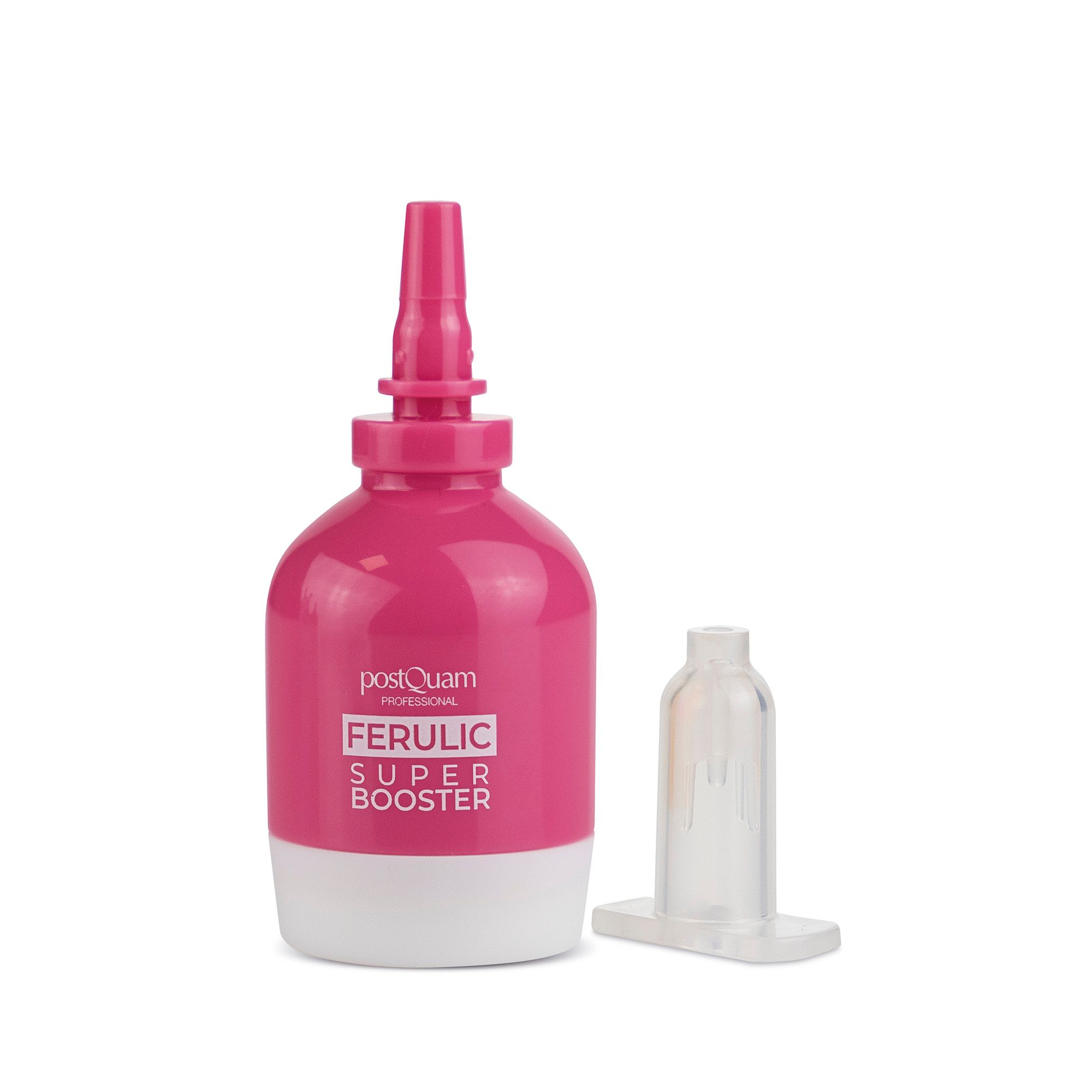 Flacone rosa e bianco con applicatore trasparente separato. Testo: FERULIC SUPER BOOSTER.