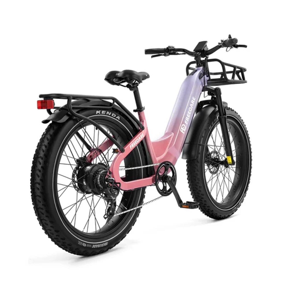 Bicicletta elettrica con cestino anteriore. Telaio lilla-rosa, pneumatici neri con logo Kenda. Portapacchi posteriore. Logo FREEDARE.