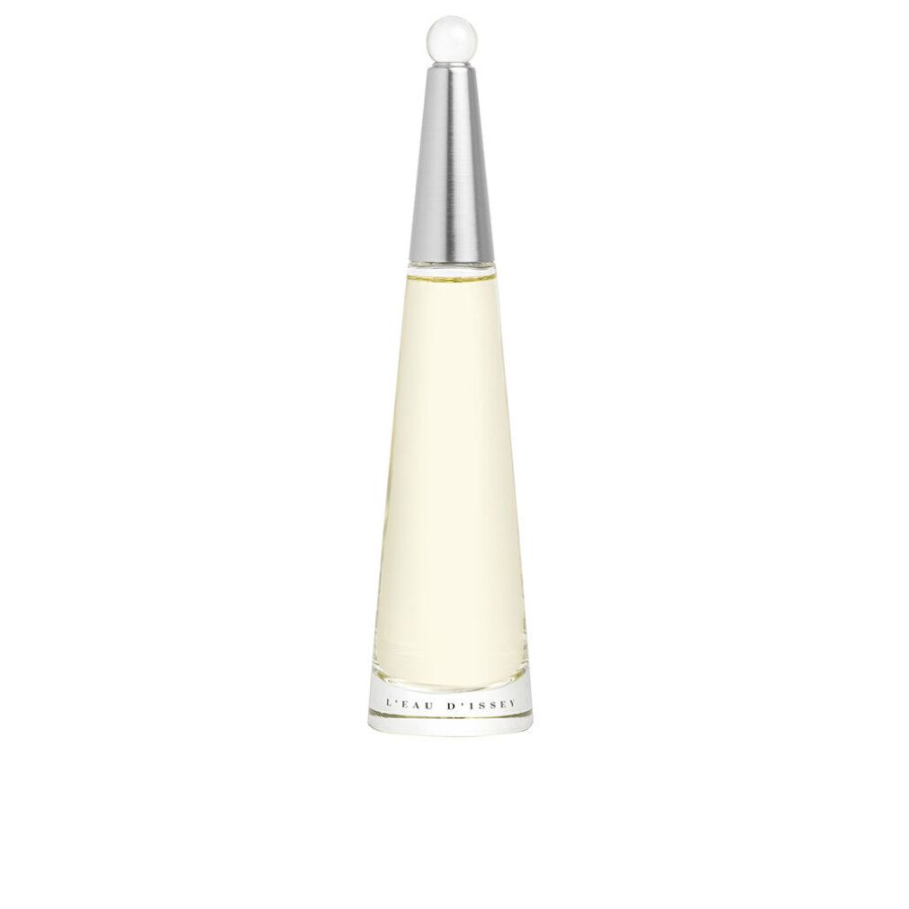 Flacone di profumo con tappo argentato e vetro trasparente. Scritta: L'EAU D'ISSEY.