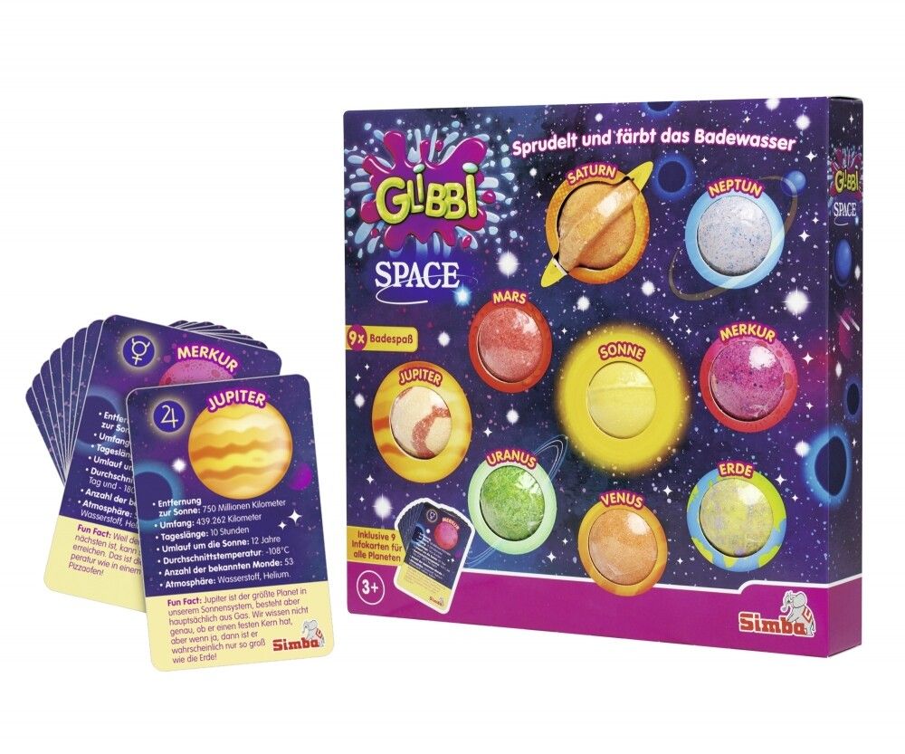 Confezione Glibbi Space con divertimento per il bagno a tema pianeti e carte. Contiene 9 palline da bagno. Logo Simba. Età consigliata: 3+.