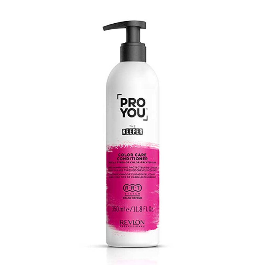 Flacone bianco con dosatore nero. Etichetta rosa con testo: PRO YOU, THE KEEPER, COLOR CARE CONDITIONER. Marchio: Revlon.