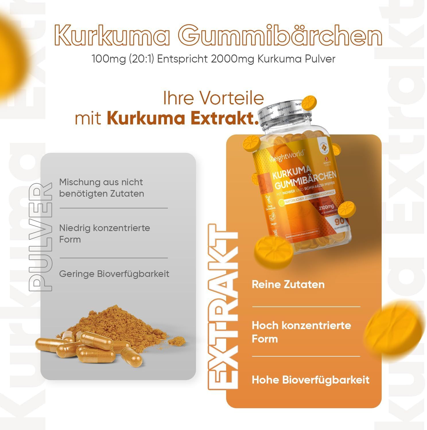 Confronto tra polvere e estratto di curcuma. Flacone di caramelle gommose al curcuma, ingredienti e vantaggi.