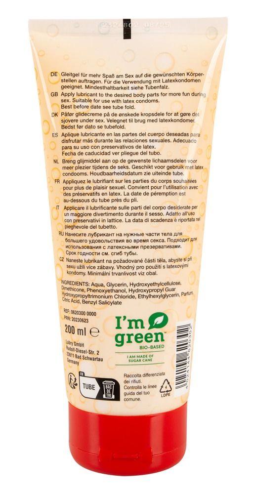 Retro di un tubo Lubry Flutschi Gel Ibrido con istruzioni e ingredienti.