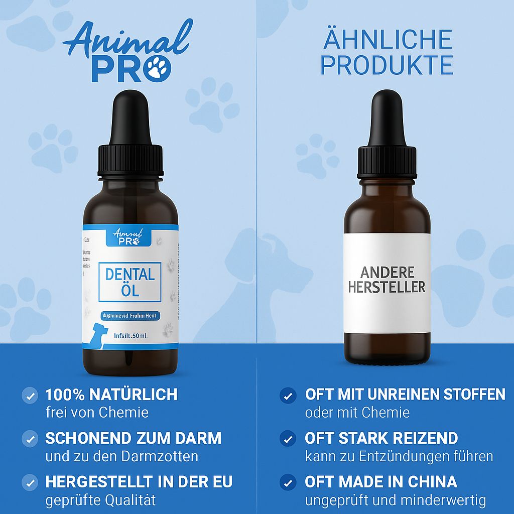 Due flaconi di vetro marrone con contagocce neri. Uno con "Dental Öl", l'altro con "Andere Hersteller".