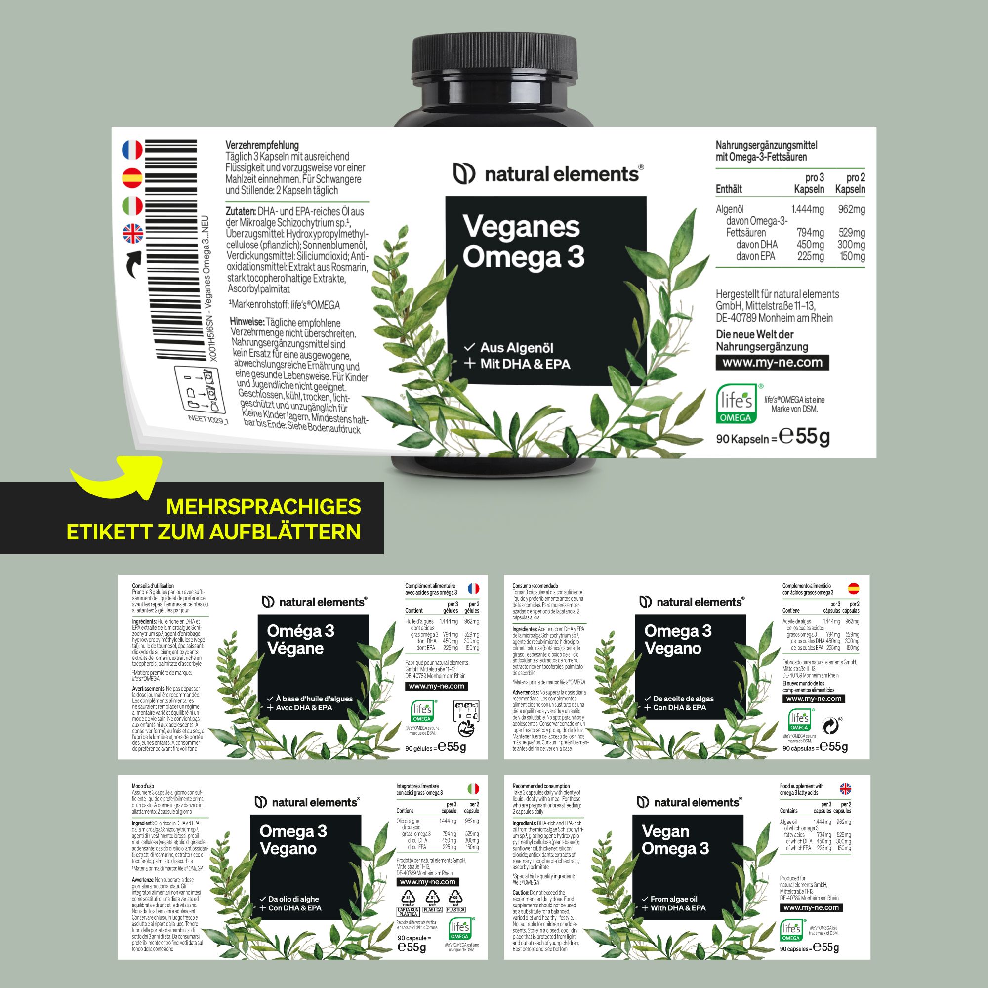 Etichetta del prodotto con informazioni multilingue. Contiene informazioni sugli ingredienti e sui valori nutrizionali. Marchio: natural elements.
