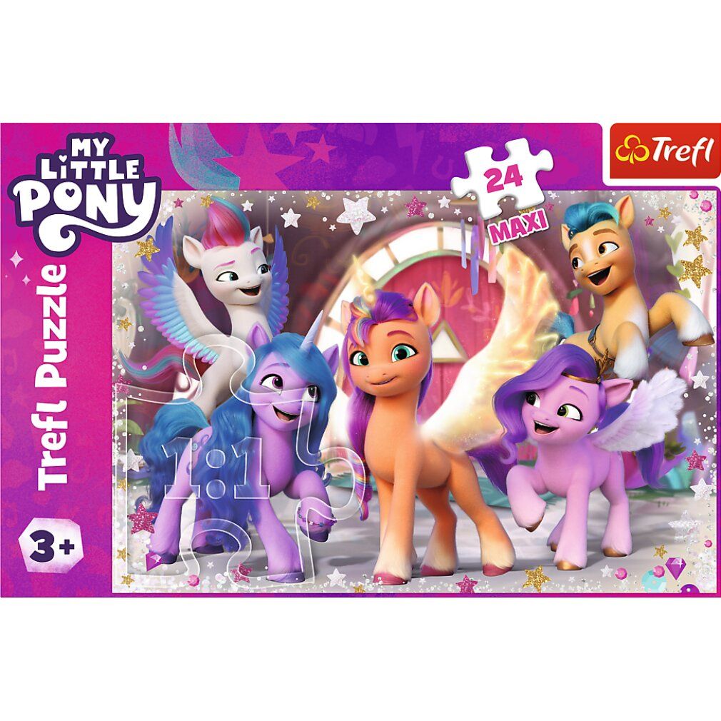 Puzzle Trefl My Little Pony: Happy Day maxi 24 pezzi. Confezione con immagine del puzzle. Età consigliata 3+.
