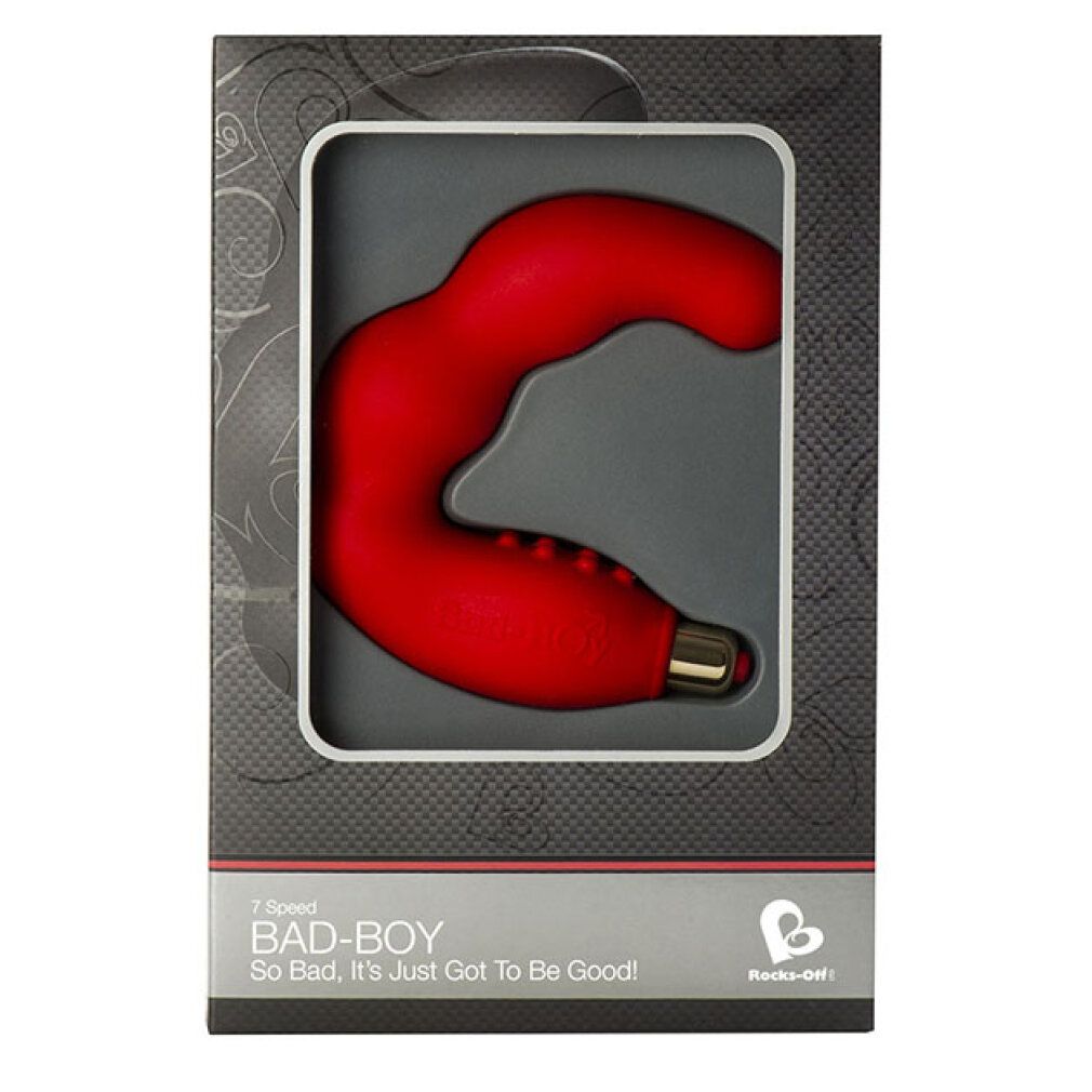 Massaggiatore rosso in confezione nera. Scritta: BAD-BOY, logo Rocks-Off.