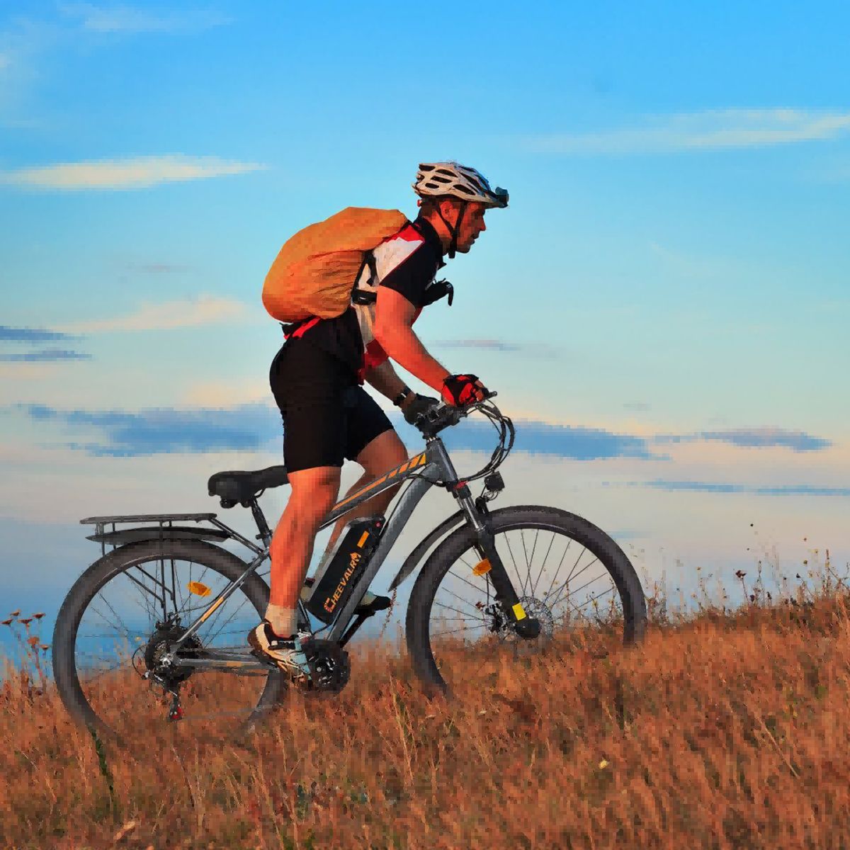 Persona in sella a una mountain bike elettrica grigia che sale una collina. Indossa casco e zaino. Sfondo: prato e cielo blu.