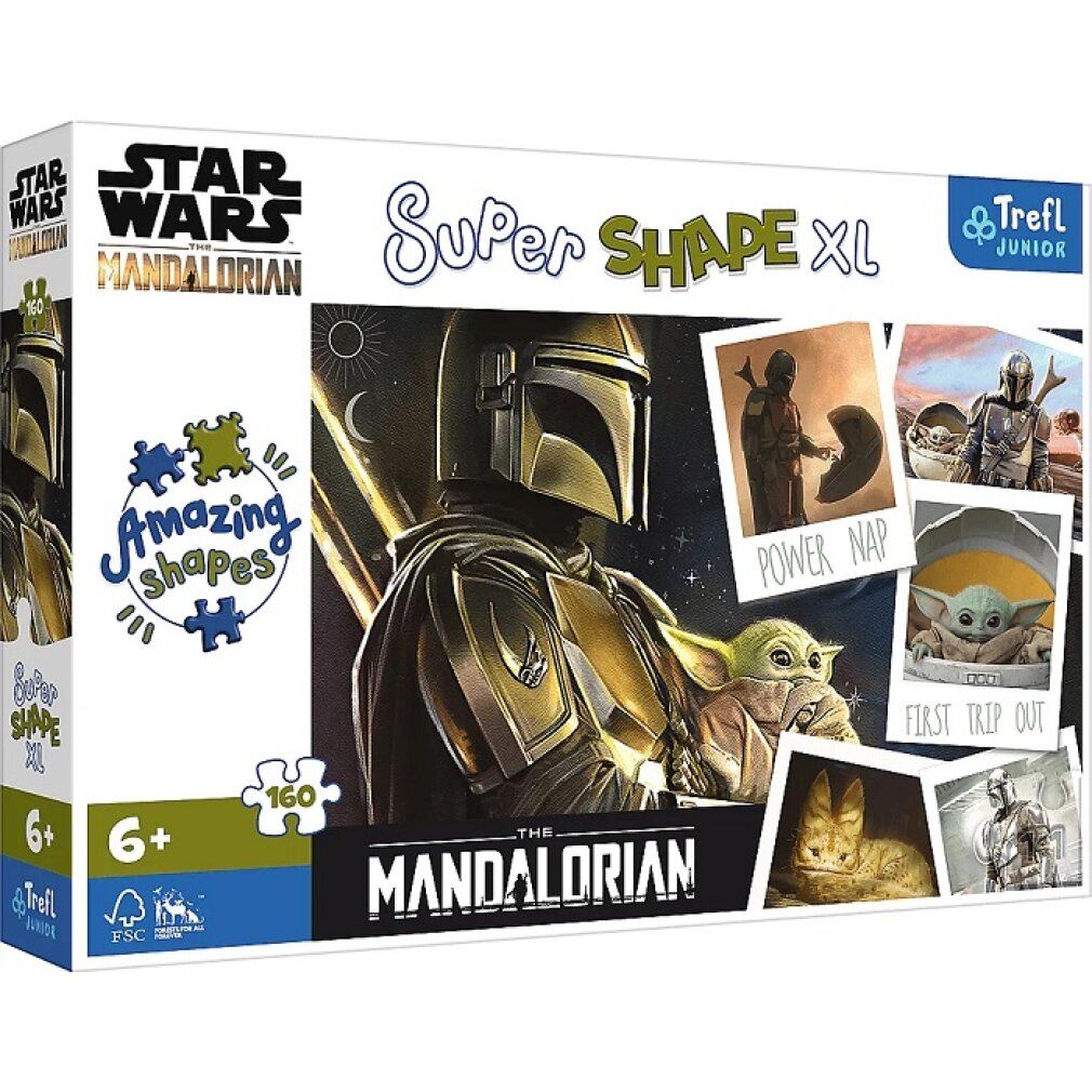 Scatola puzzle. Star Wars: Mandalorian, Super Shape XL, 160 pezzi. Il Mandaloriano e Baby Yoda. Logo Trefl.